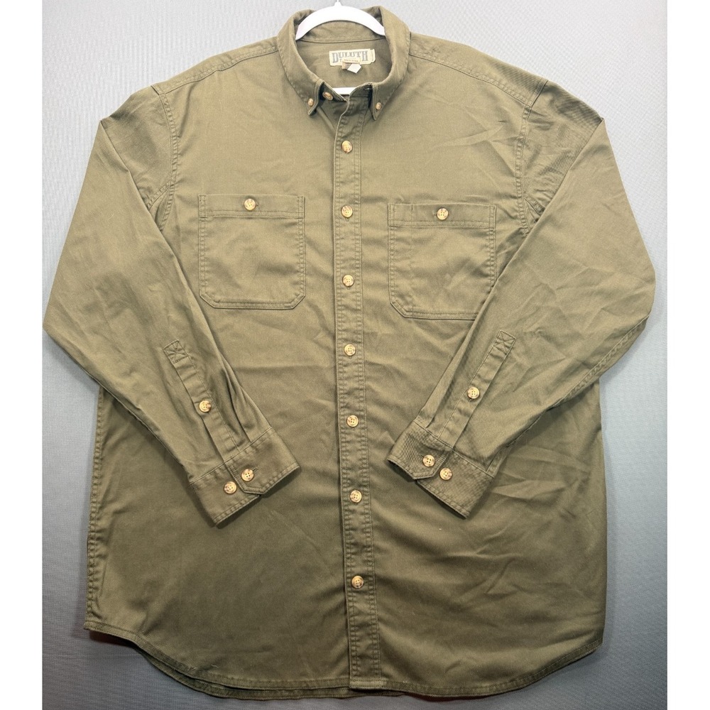 Duluth Trading Co Olive Green Button Down Stretch Work Shirt 38903 Men's XL Tall